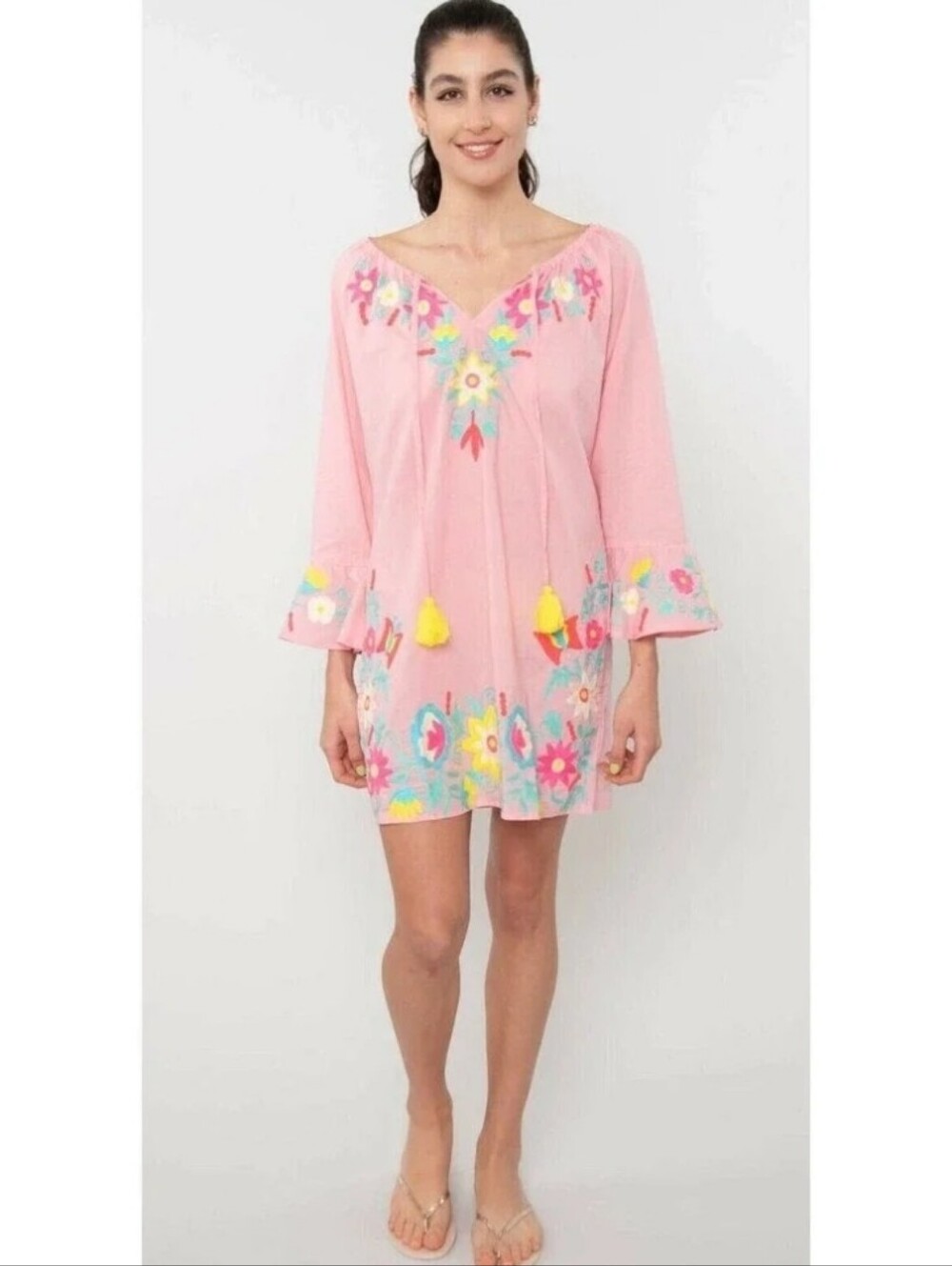 Debbie Katz South Beach Pink Floral Embroidered Tunic Dress with Tassel Detail